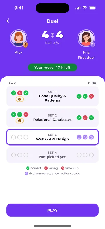 A duel in progress: Alex and Kris tied 4:4 in set 3 of 4, each set's answers marked correct or wrong, your move with 47 h left.